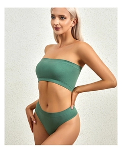 Detail of Morandi green ribbed seamless lingerie set with bralette and high waist panties