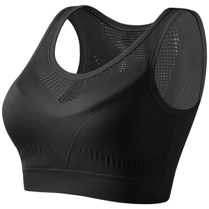 Women's black seamless sports bra with breathable mesh cutouts and shockproof support