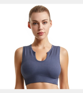 Detail of blue ribbed sports bra showing seamless knit texture and V-notch neckline design