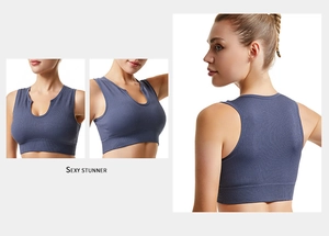 Macro view of ribbed seamless sports bra featuring deep U-neck and racerback detail