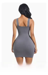 Detail of the grey ribbed knit fabric and slim-fit backless design on a mini dress