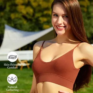Seamless deep V caramel brown rib-knit sports bra and wireless comfort bralette for women