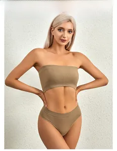 Detailed close-up of ribbed knit seamless lingerie set in light brown earth tone