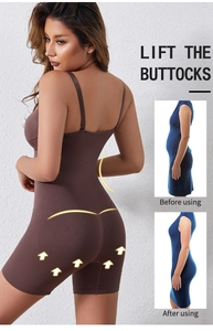 Detail view of seamless brown shapewear bodysuit showing butt lift and tummy control effect