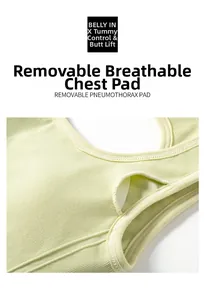 Detail of light green ribbed sports bra with removable breathable pads and fine stitching
