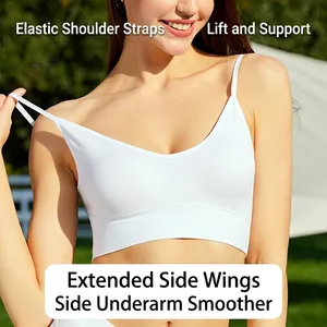 Seamless white wireless sports bra with ribbed texture and thin straps for comfort