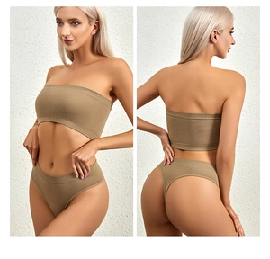 Seamless ribbed lingerie set with strapless bandeau bra and high-cut thong in brown