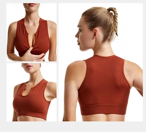 Detailed views of rust red ribbed sports bra with notch V-neck and elastic band