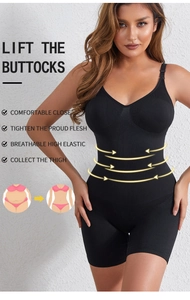 Detail of black shapewear bodysuit showing lifting arrows and high-waist compression
