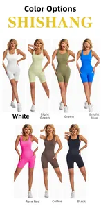 Collage of ribbed knit athletic rompers shown in seven vibrant colors for fitness