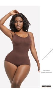 Close-up of deep brown bodysuit fabric texture and seamless body-shaping stitch details