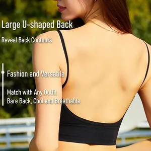 Seamless backless black ribbed bralette with thin straps and deep U-shape design