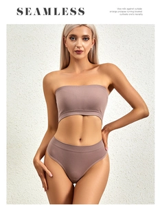 Detail of mauve seamless ribbed lingerie set with tube top and high-cut panties