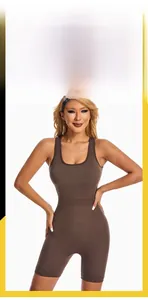 Detail of high-elasticity brown shapewear bodysuit with tummy control and seamless design