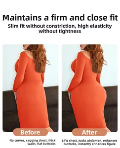 Before and after comparison of women's orange compression bodysuit for tummy control