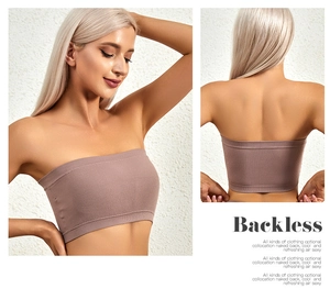 Front and back views of a mauve ribbed strapless bandeau bra with backless design