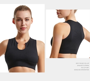 Detail view of seamless ribbed sports bra with U-neck and racerback in black finish
