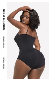 Side view of black bodysuit shapewear featuring adjustable straps and lifting effect