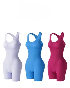 Three-color display of seamless ribbed yoga bodysuits in light blue, brilliant blue and rose red