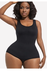 Close-up of black bodysuit shaper with ribbed texture and adjustable bottom hooks