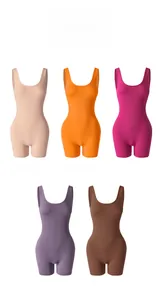 Flat lay of seamless backless jumpsuits in skin, orange, rose, purple and coffee colors