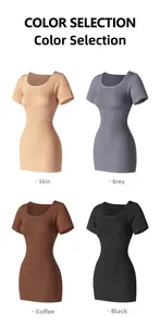 Detailed grid view showing four colors of slim fit short sleeve ribbed knit sport dresses