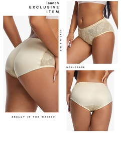 Detail view of seamless tummy control lace panties with breathable honeycomb texture