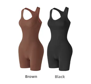 Detail view of seamless ribbed yoga rompers in brown and black with racerback design
