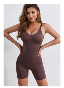Deep coffee high elastic bodysuit with seamless compression fabric and wide straps