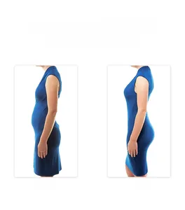 Detailed side view comparison showing the tummy control and body shaping effect of blue bodysuit