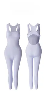 Front and back view of seamless ribbed sleeveless yoga jumpsuit with hollow-out back design