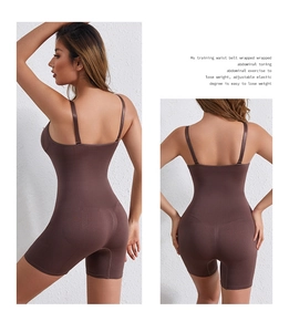 Detailed back view of brown sculpting bodysuit showing high elasticity and tummy control