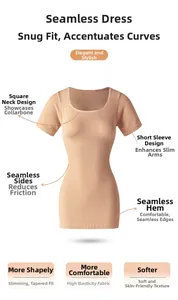 Detailed close-up of seamless beige mini dress featuring ribbed texture and square neckline