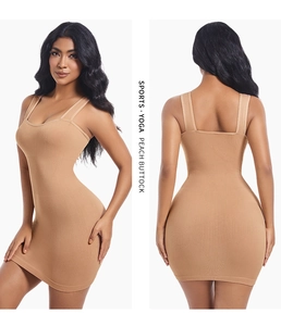 Detail of ribbed knit mini dress in camel showing slim fit sculpting and square neckline