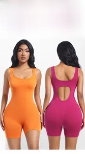 Detail view of back cutout and high-waist fit on seamless compression bodysuit