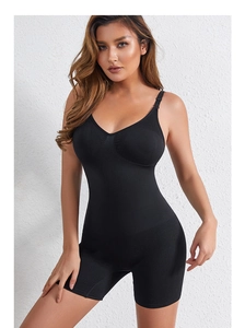 Detail of black full body shapewear with high-waist compression and supportive wide straps