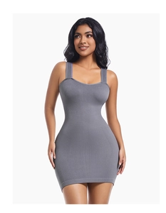 Detail of grey ribbed knit texture and slim fit design on a mini bodycon dress