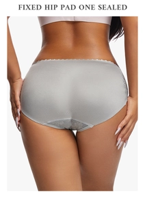 Detail of grey padded shapewear with lace trim and fixed hip pads for butt lifting