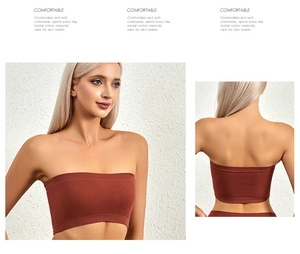 Detail of rust red ribbed modal cotton strapless bandeau bra with soft texture