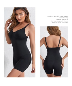 Front and back view of a black high-elasticity shapewear bodysuit with adjustable straps