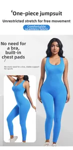 Detail view of seamless ribbed jumpsuit featuring built-in bra pads and high elasticity
