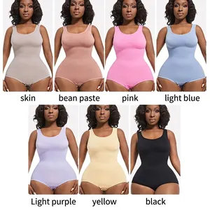Women's seamless ribbed shaping bodysuit available in seven assorted pastel and neutral colors