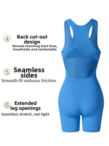 Detail view of back cutout design and seamless ribbed texture on blue yoga bodysuit