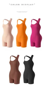 Detail of five colored seamless athletic bodysuits showing ribbed texture and wide straps