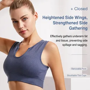 Blue-grey seamless ribbed sports bra with wide straps and shockproof compression hem