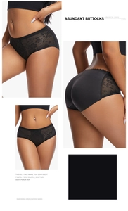 Detailed view of black lace padded hip enhancer and tummy control shapewear from three angles
