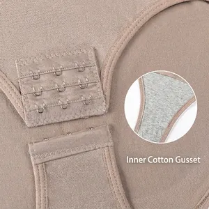 Women's shapewear bodysuit with three-row hook closure and cotton crotch lining