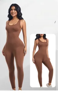 Detail of seamless ribbed brown bodysuit with wide U-neck and high elasticity fit