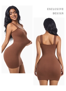 Side and back view of brown ribbed knit mini dress showing stretchy sleeveless design