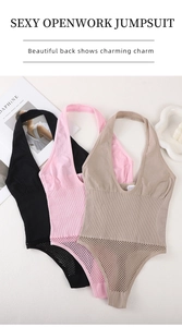 Detailansicht von drei Bodysuits in Schwarz, Rosa und Braun aus 95% Polyamid-Gewebe